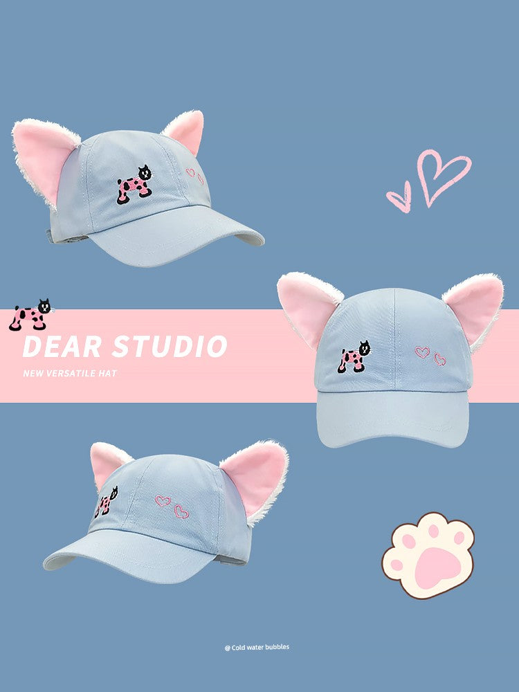 Y2g Sweet Cute Light Blue Cat Stuffed Ears Embroider Baseball Cap Female Easiest for Match Face-Looking Small Peaked Cap