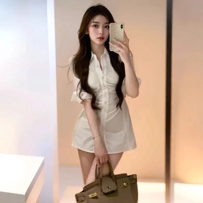 Korean Style Sexy Shirt Dress Women's Waist-Cinching Mini Dress Polo Collar Pleated Design Empire Waistline Fashionable Gown