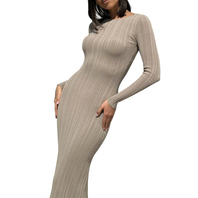 Fall Casual Knit Ribbed Bodycon Long Dress Simple Style Solid Color Long Sleeve O Neck Wrapped Pencil Dress Street Party