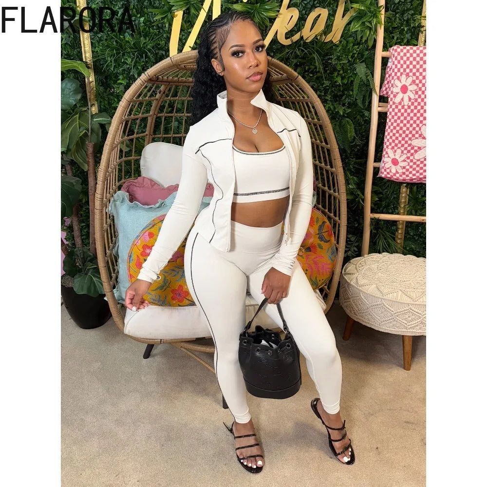 FLARORA Casual Sporty Three Piece Sets Woman Stripe Patchwork Sleeveless Vest+Jacket+Pant Outfits Female Yoga Fitness Tracksuits