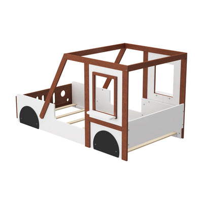 Fun Play Design Twin Size Car Bed for Kids Boys Girls Teens, White and Orange Solid Wood Frame
