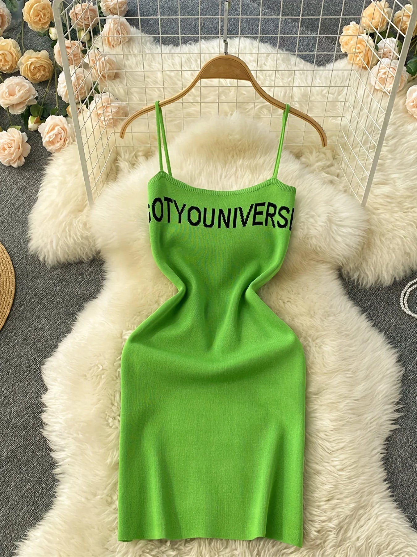 2026 Green Summer Letter Print Cami Dress Casual Sleeveless Bodycon Spaghetti Dress Women's Clothing Outfits Short Sundress