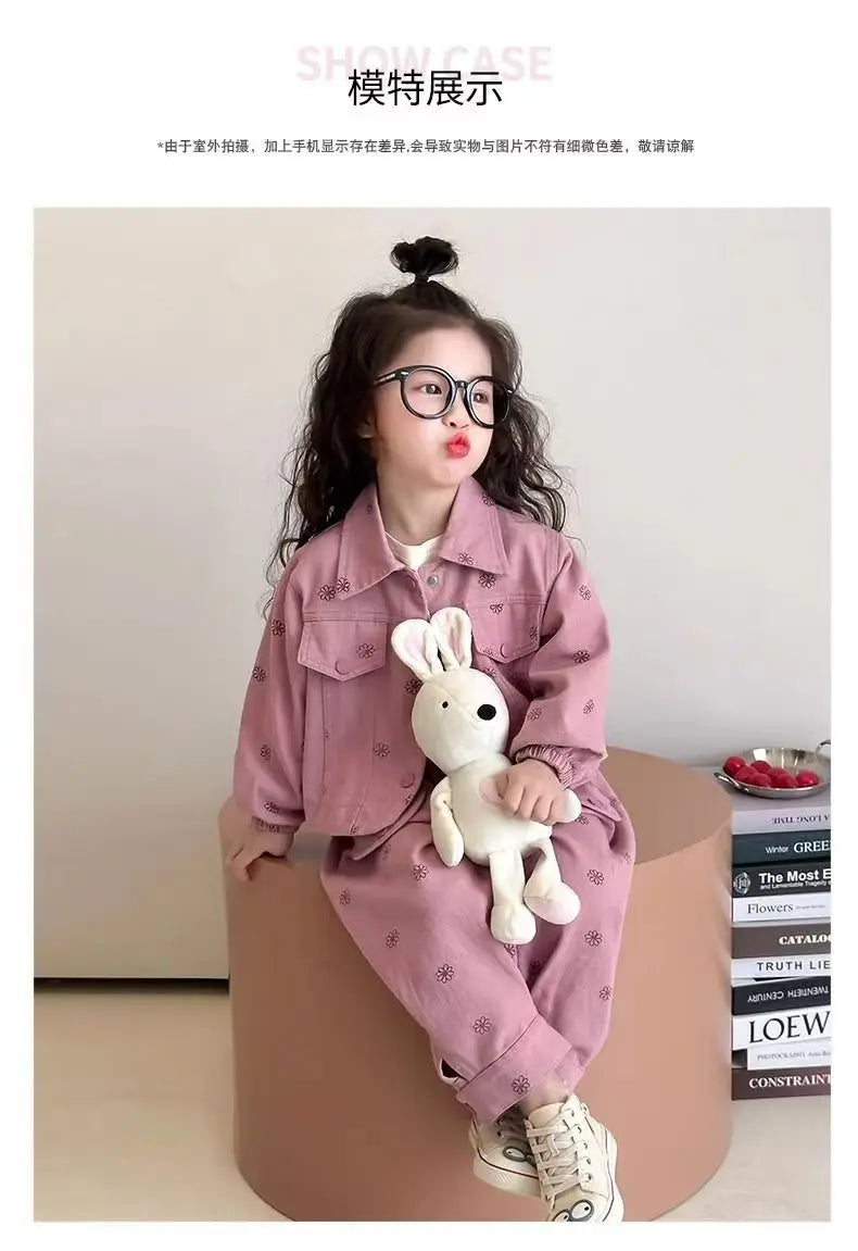 Girls Coat and Pants Two Piece Set 2025 Spring and Autumn New Korean Fashion Floral Casual Coat and Pants Two Piece Set Trend