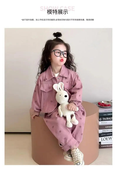 Girls Coat and Pants Two Piece Set 2025 Spring and Autumn New Korean Fashion Floral Casual Coat and Pants Two Piece Set Trend
