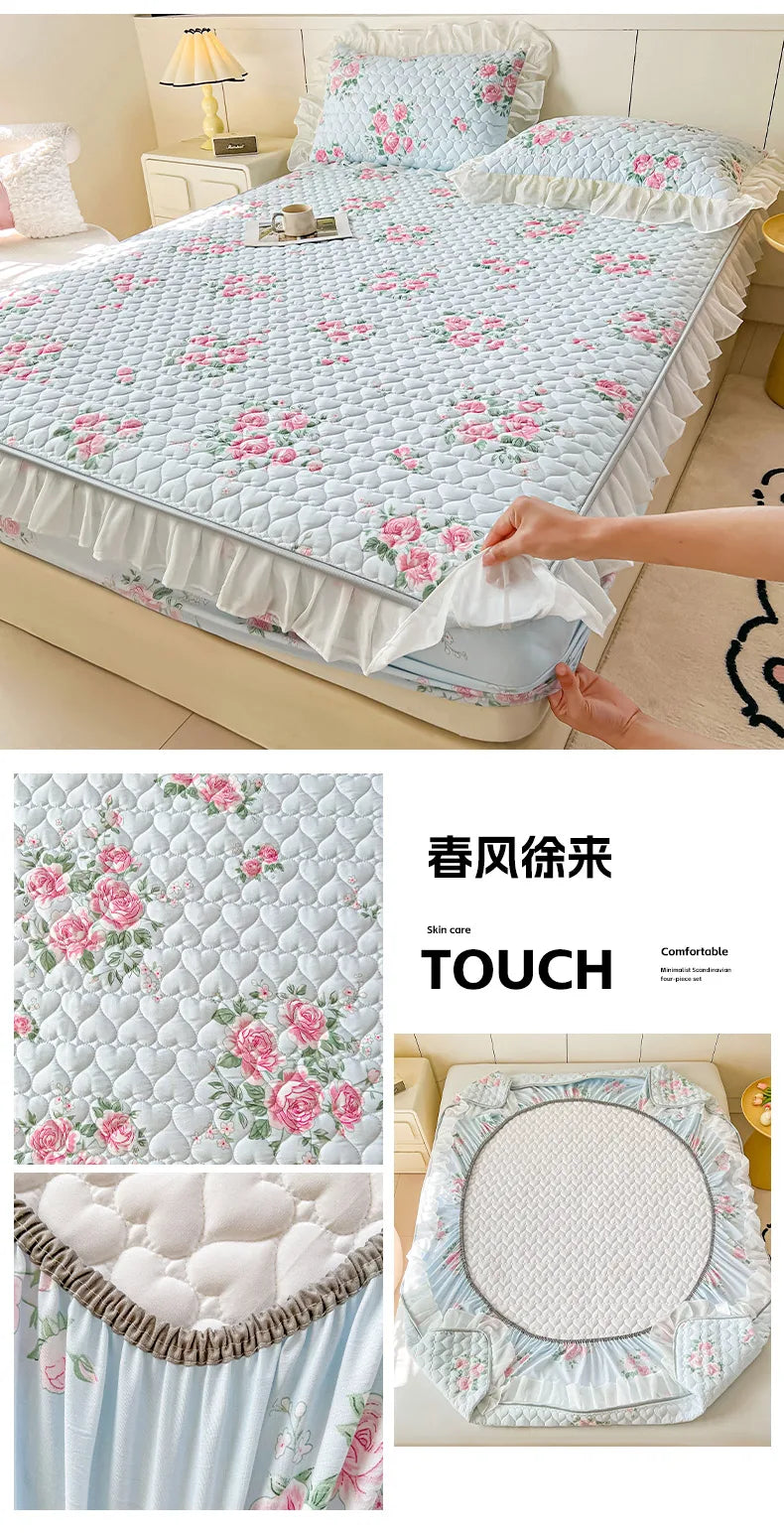 2025 New Single Bed Hat Korean Lace Bed Sheet Cover Chiffon Princess Wind Ins Cotton Four Seasons Bedspread Protective Cover