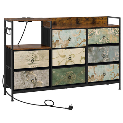 Chest of Drawers with 8 Fabric Drawer Sideboard Storage Cabinet for Kitchen Office with Charging Sockets Steel Frame 132x88x30cm