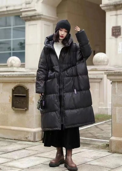 Winter Hooded Drawstring Loose Puffer Jacket Women Solid Oversize Casual Silhouette Long White Duck Down Warm Coat 2024 New Coat
