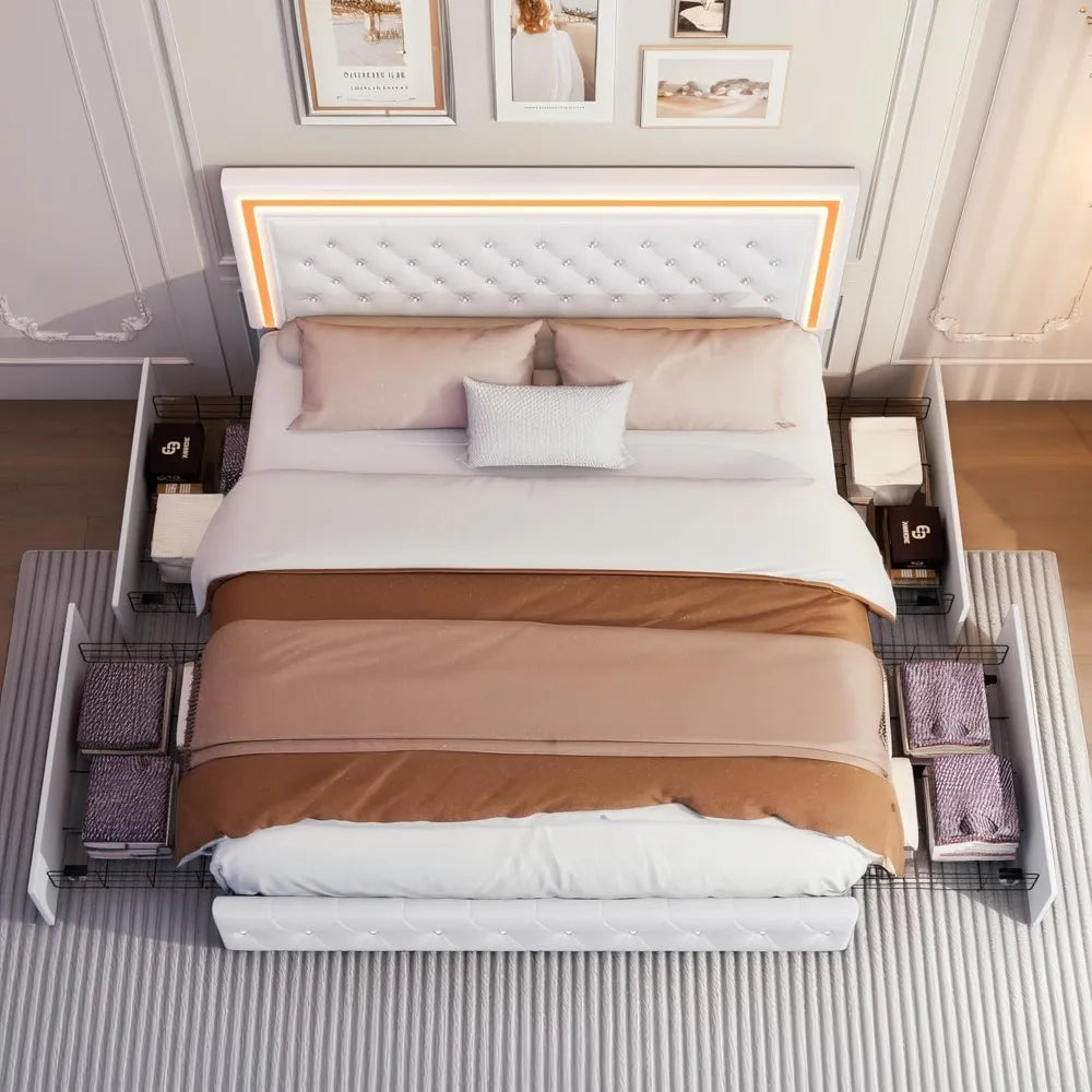 Queen LED Bed Frame, Upholstered Bed with 4 Drawers, Adjustable Upholstered Headboard Diamond Bed Frame, No Box Spring Needed