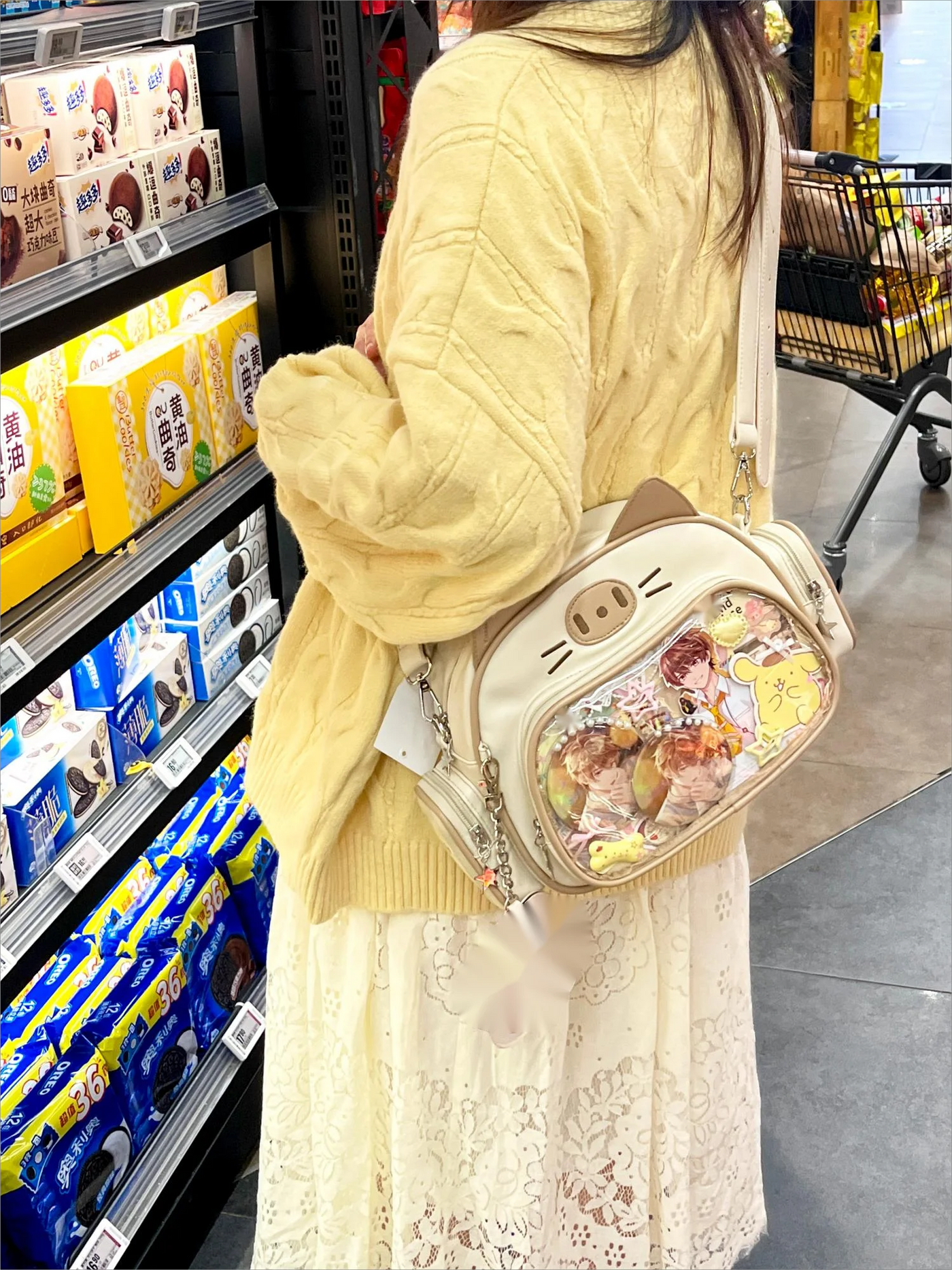JIAERDI Kawaii Cat Ita Bag Lolita Y2K Backpack Female Cute PU Shoulder Bag Girl Transparent Pocket Harajuku Crossbody Bag Women