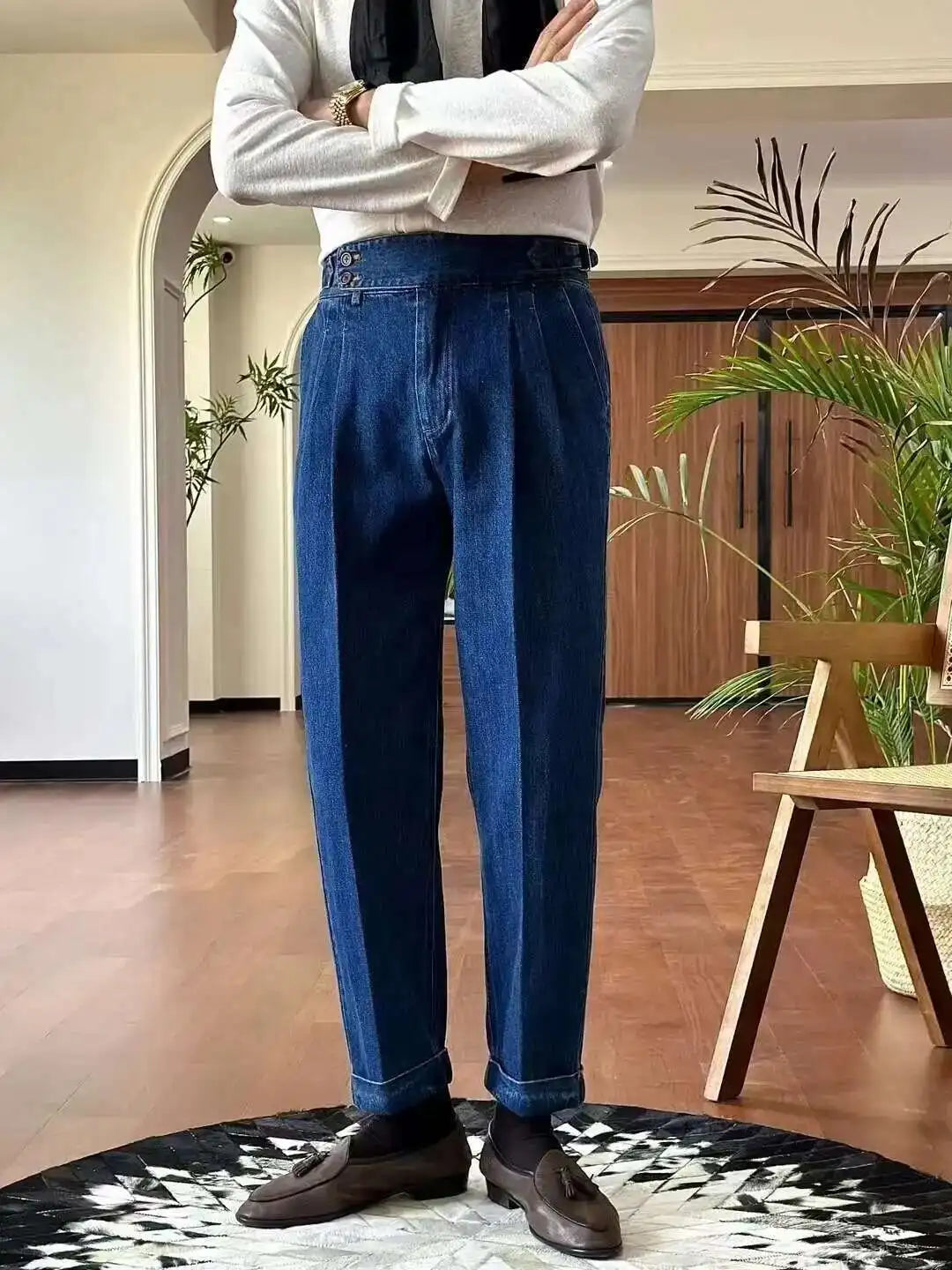 High Quality Double Pleated Jeans Straight Leg Pant Naples Straight Tube Loose Washed High Grade Business Pant Men Dress Trouser