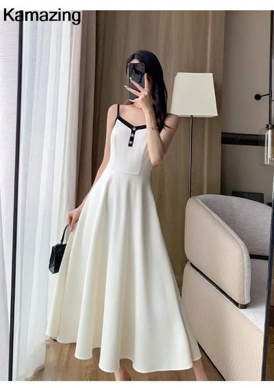 Elegant Solid Midi Dress 2 Piece Set Office Lady Chic Suit Spring Short Jacket Sleveless A-line Dresses Outfits Korean Clothes