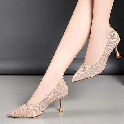2022 Pointed Toe Single Shoes High Heels Simple Solid Color Knitting Woman Shoes Spring Autumn Latex Insole
