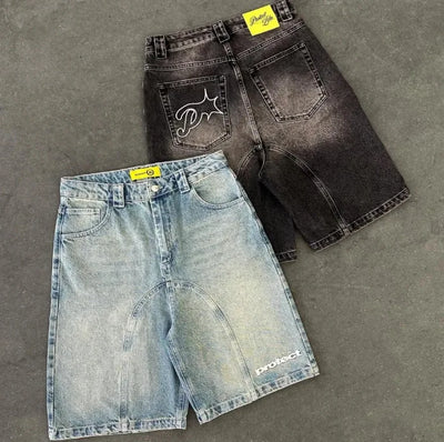 American New Letter Pattern Embroidered Denim Shorts Y2K Men's Street Retro Washed Old Trend Gothic Denim Sweatpants Street Wear