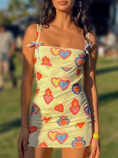 Women's Summer Bodycon Dress Sleeveless Square Neck Heart Print Mini Dress Tie Back Dress