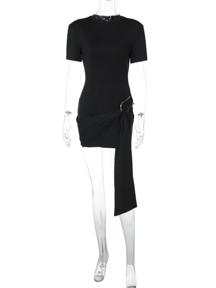 Chaxiaoa Short Sleeve Draped Sexy Mini Dress for Women Black Metal Buckle O Neck High Waist Bodycon Club Dress Vestido Clothes