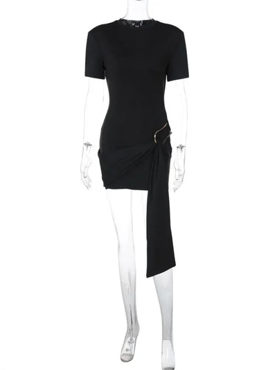 Chaxiaoa Short Sleeve Draped Sexy Mini Dress for Women Black Metal Buckle O Neck High Waist Bodycon Club Dress Vestido Clothes