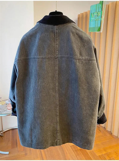 Contrasting Corduroy Spliced Denim Jacket for Women Mid Length Loose Coat Autumn Winter Pocket Outwear Versatile