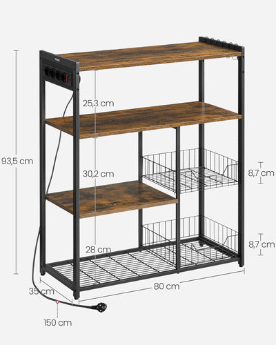 Kitchen Rack with sockets, 2 Metal Baskets, Microwave Shelf, 35x80x93.5 cm Industrial Design