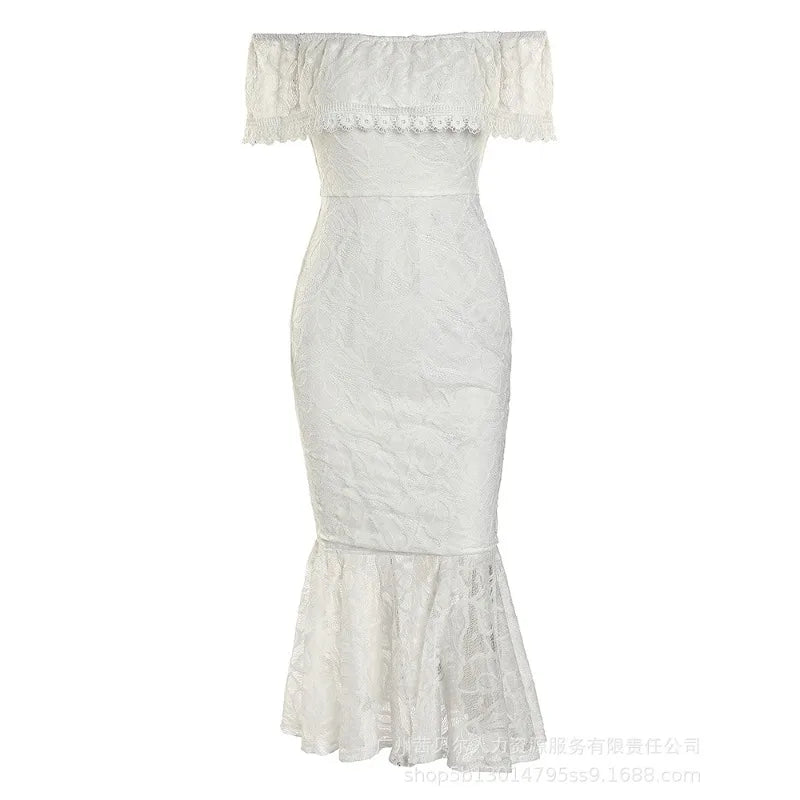Trend White Lace Off-Shoulder Dress Women Sexy High Waist Bodycon Dresses Slash Collar Strapless Solid Color Sheath Midi Dress