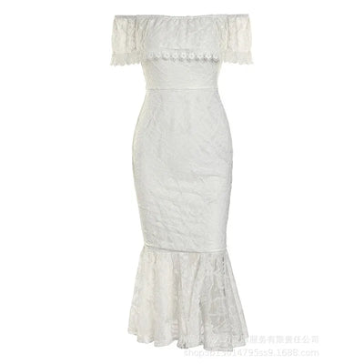 Trend White Lace Off-Shoulder Dress Women Sexy High Waist Bodycon Dresses Slash Collar Strapless Solid Color Sheath Midi Dress