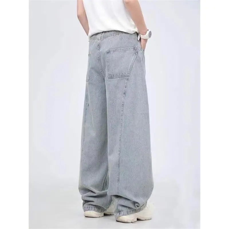 American Retro Washing Scimitar Jeans Men's High Street Vibe Ripped Design Wide-leg Trousers Handsome Casual Pants Jeans for Man