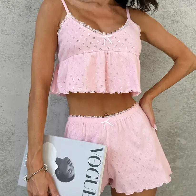 Women's Sleeveless V Neck Pattern Eyelet Cami Tank Tops Shorts Sleepwear Sets Summer Lounge Set
