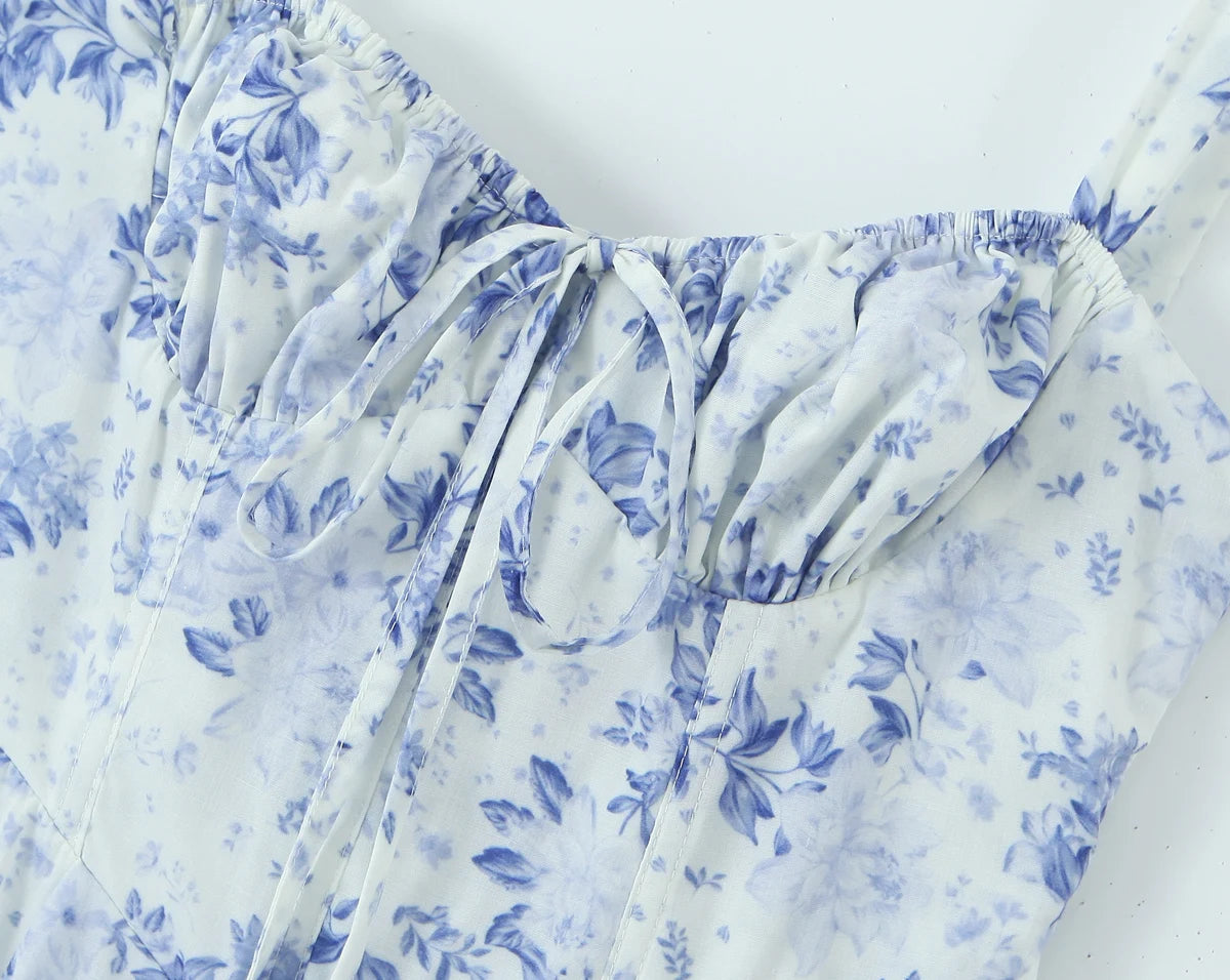 2023 Sexy Ruched Chest Blue White Flower Print Corset Style Sling Dress Cross Lacing up Bandage Back Hem Slit A-Lined Midi Robe