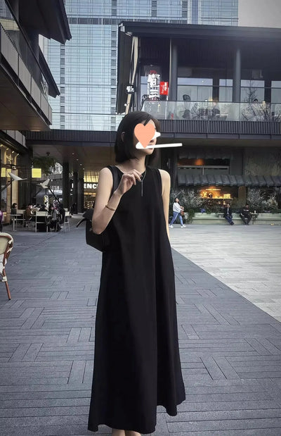 Hebe Style French Sleeveless Hollow out Vest Unique Elegant Black Summer Long Dress Women Backless Dress round Neck Ankle-length