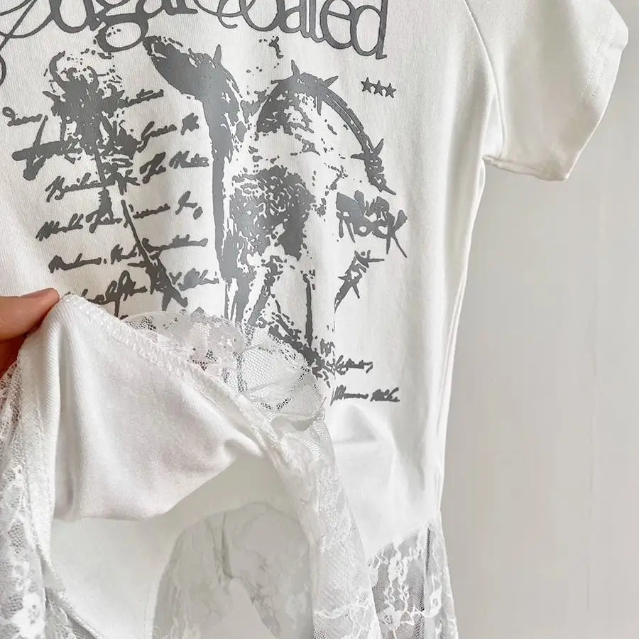 Y2K Brand Cute Deer Graphic Crop Top White Lace Ruffles Tassels Skirt T-shirts Punk Hip Hop E-girl Sexy Club Summer Tees Casual