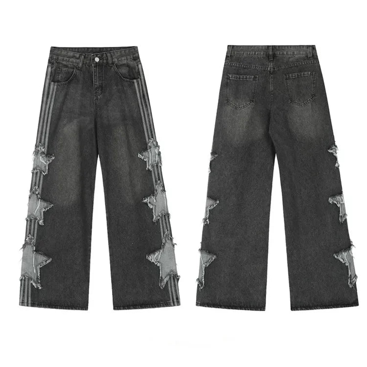 2024 Ropa Y2K Streetwear Star Patch Embroidery Baggy Stacked Jeans Pants For Men Clothes Wide Leg Old Straight Denim Trousers
