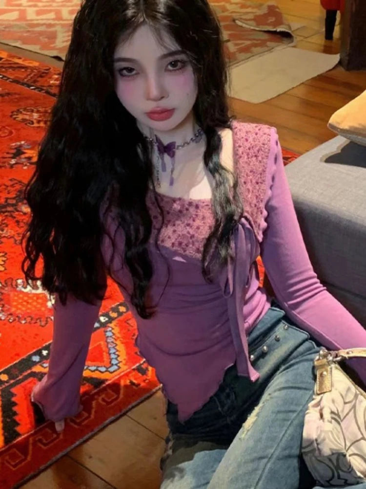 2025 Autumn New Long Sleeve Bottoming T-Shirts Women Elegant Sweet Y2k Aesthetic Tshirts Korean Irregular Chic Bow Tees Femme