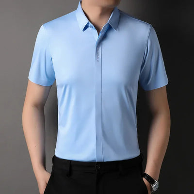 Summer New High-grade Hidden Button Men's Light Luxury Short Sleeve Shirts Men High Elastic Business Anti-wrinkle Ice Silk Shirt