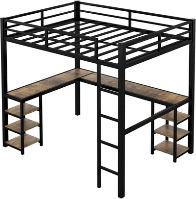 Full Size Loft Bed With Desk And Storage Shelves, Heavy Duty Loft Bed With Desk And Ladder, Full Size Loft Bed For Kids,