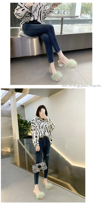 Mules Sandal Women Summer Outdoor Fashion Slippers Square Toe High Heels Office Ladies Feather Slides Chic Classics Furry Shoes