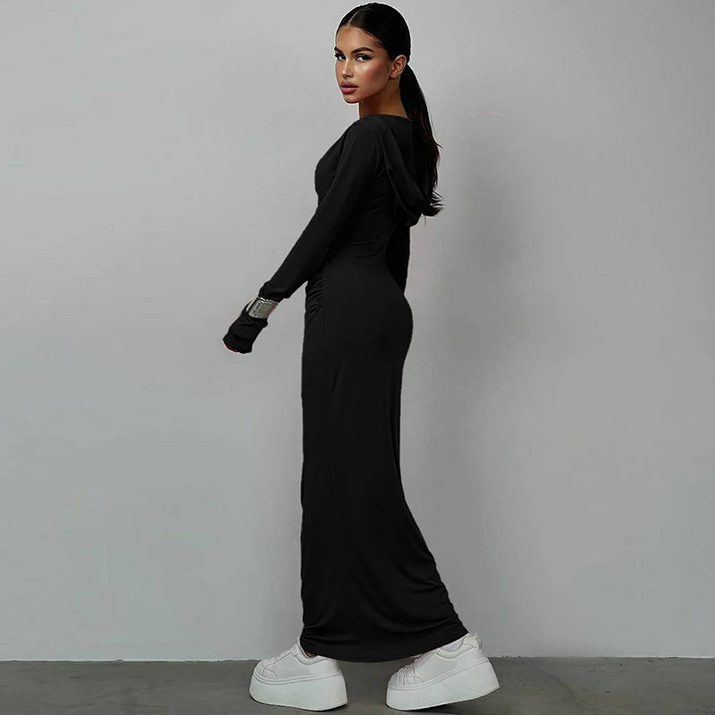 Hugcitar Solid Hoodies V Neck Long Sleeve Draped Sexy Slim Maxi Dress 2023 Winter Women Fashion Y2K Outfits Streetwear Party