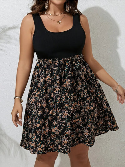 Plus Size Summer Dress Knit Floral Printed Dresses for Women Sleeveless Knee Length Big Size Casual Elegant Dress