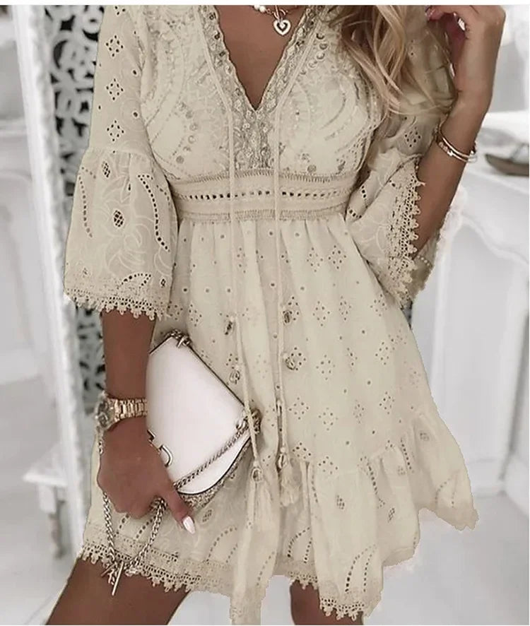 Women Elegant White Hollow Lace Mini Dress Summer V-neck Patchwork Lace Up Three Quarter Sleeve Ladies Vacation Beach Dresses