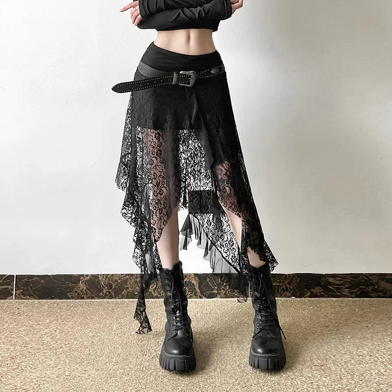 Y2K Goth Dark Irregular Hem Lace Patchwork Mid Skirts Women Streetwear Fairy Slim Pleat A-line Skirt Mall Goth Fashion Bottoms