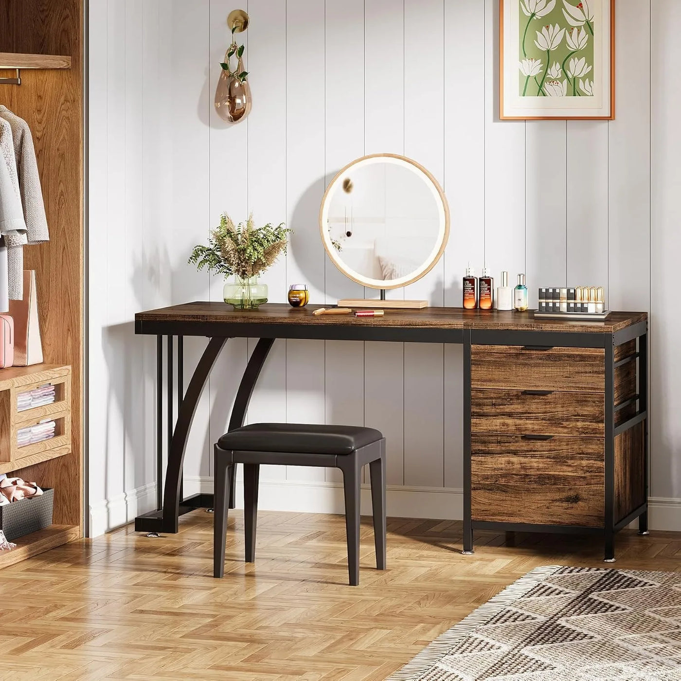 Vanity Desk with 3 Drawers, 59-Inch Large Dressing Table with Reversible Drawers, Chic Makeup Desk(Rustic Brown) (Only Desk)