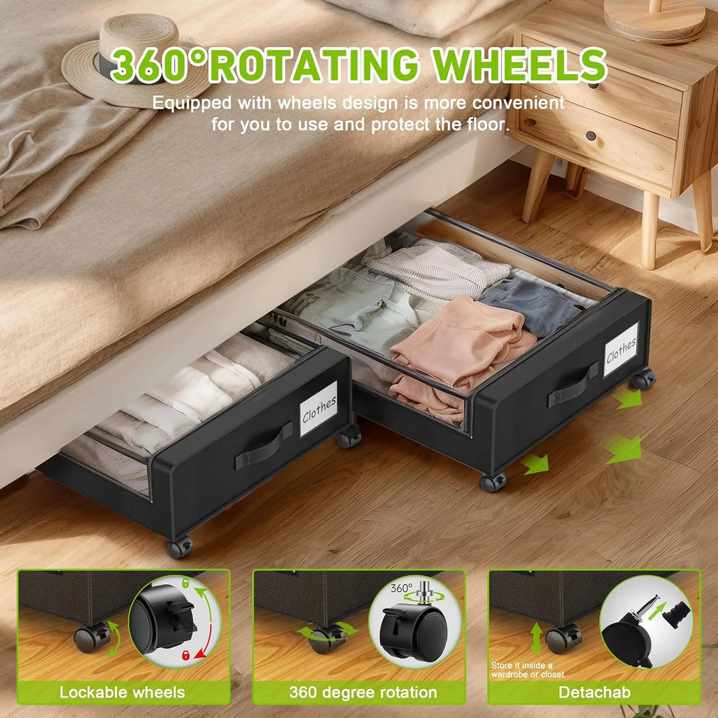 4-Pack XXL 60L Under Bed Storage with Wheels with Clear Lids - Rolling Drawers & Bins for Clothes,Shoes,Toys,(Black)