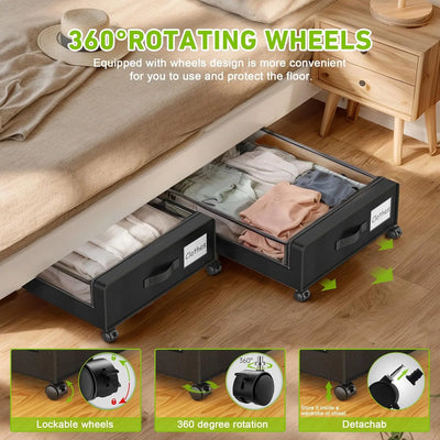 4-Pack XXL 60L Under Bed Storage with Wheels with Clear Lids - Rolling Drawers & Bins for Clothes,Shoes,Toys,(Black)