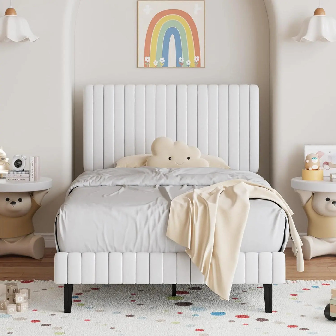 Twin Bed Frame, Velvet Upholstered Platform Bed with Vertical Channel Tufted Headboard and Footboard, No Box Spring Required