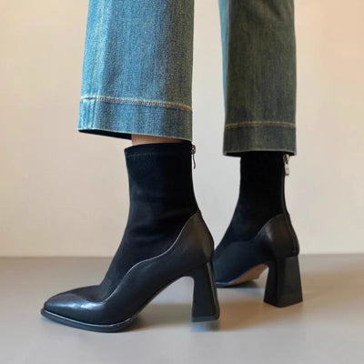 Women's New Winter Thick Heel Cotton Boots Square Head Splicing Suede Back Zipper Anti-slip Wear-resistant Short Boots