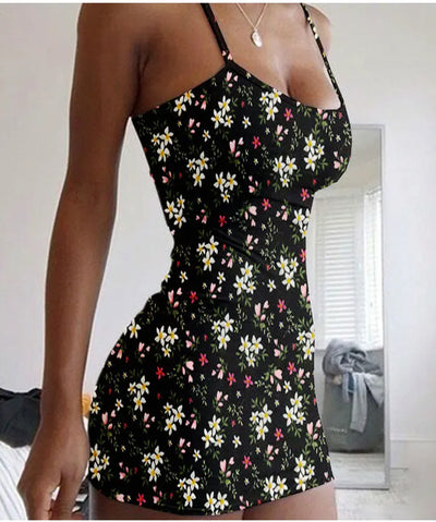 Plus Size Dresses Summer New Print Backless Slip Dress Women's Sexy Slim Floral Dress Mini Dresses Package Buttocks Short Skirt