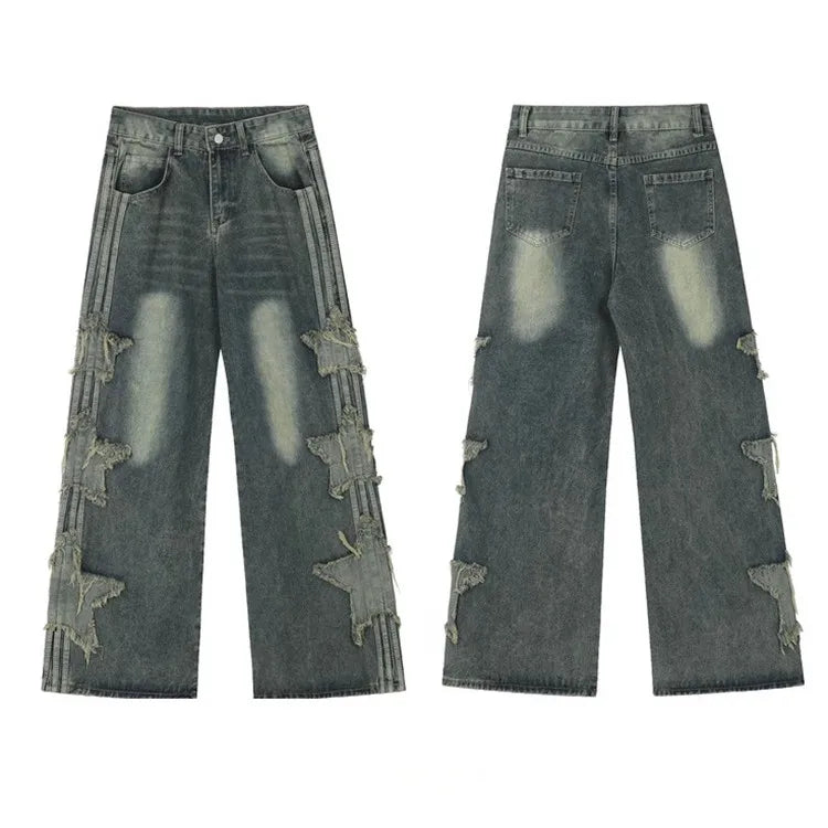 2024 Ropa Y2K Streetwear Star Patch Embroidery Baggy Stacked Jeans Pants For Men Clothes Wide Leg Old Straight Denim Trousers