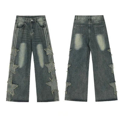2024 Ropa Y2K Streetwear Star Patch Embroidery Baggy Stacked Jeans Pants For Men Clothes Wide Leg Old Straight Denim Trousers