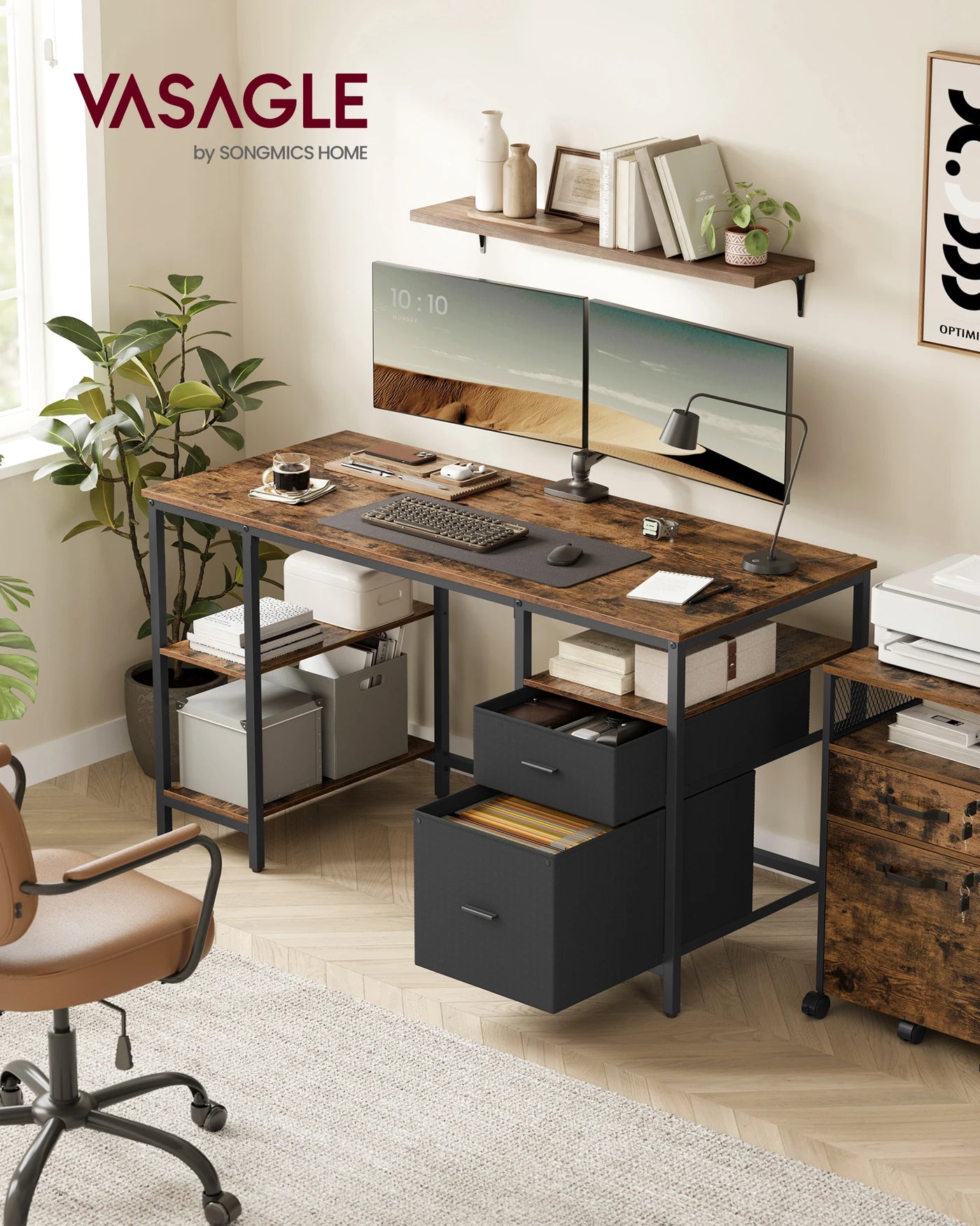 Computer Desk, 3 Shelves, 2 Drawers, 60 x 140 x 76 cm, Rustic Brown and Black/Natural Oak and Pearl White Color