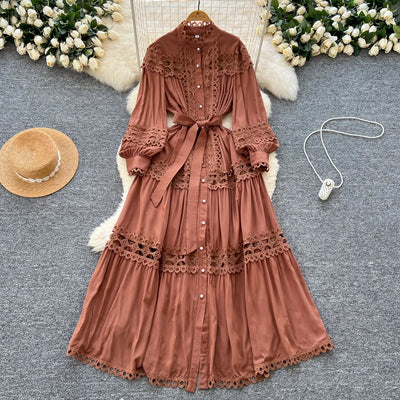 Elegant Long Maxi Hollow Out Dress Shirt Women Summer Autumn Palace Retro Pearl Button Embroidery Crochet Evening Party Vestidos