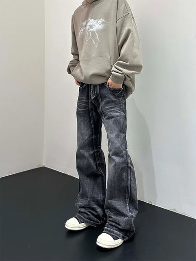 Men Flare Pants Denim Pant Floor Length Jeans Casual Regular Pockets Button Zipper High Waist Autumn Splice Straight Trousers