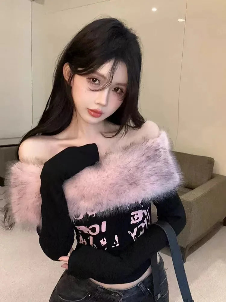 Autumn Winter Korean Fashion Coquette Slash Neck T-Shirt Women Hot Girl Tee Tops Design 2000s Aesthetic Vintage Old Money Y2k